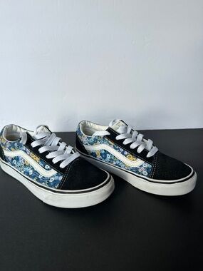 Vans Kids Black Sneakers with Blue Floral Panels and White Stripe